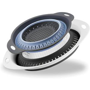 Collapsible Colander Set, Square Round Triangles Silicone Kitchen Strainer Perfect for Draining Pasta Vegetable fruit 2 PCS (Gray&Blue, 12"L x 9.5"W x 2.3"H)