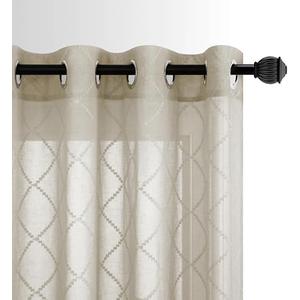 KOUFALL Brown Curtains 90 Inches Long for Living Room,Classics Embroidered Wavy Diamond Window Curtains Linen Look Grommet Sheer Window Drapes for Bedroom Set 2 Panels