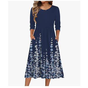 Zeagoo 3/4 Sleeve Women's Dress Casual Flowy A-Line Midi T-shirt Dresses with Pockets Crewneck Vocation Boho Beach Sundress, XL