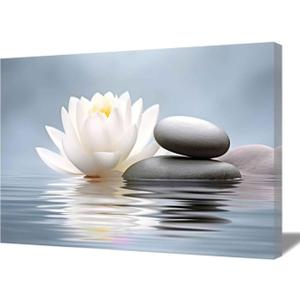 QIXIANG Zen Wall Art Black Stones and White Lotus Flowers Picture on Canvas Prints for Yoga Spa Meditation Bathroom Decor with Framed (Zen Stones Lotus -3, 16.00" x24.00")