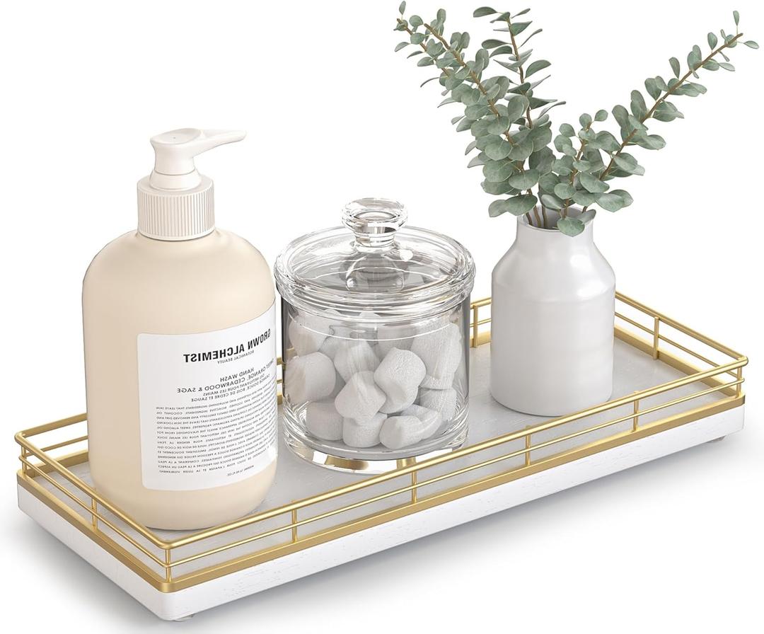 Bathroom Tray for Counter Top Organizer  Oak Wood Vanity Tray with Metal Frame for Dresser, Kitchen, Nightstand  Gold & White Decorative Storage (11" x 4.5" x 1.5")
