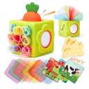 hahaland Baby Tissue Box Toy - Silicone Baby Toys 6-12 Months Montessori Toys for 6 Month Old Easter Basket Stuffers, 6-in-1 Soft Busy Activity Cube Scarves, Crinkle, Textures, Mirror, Sensory Popper