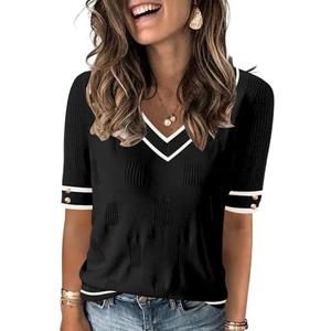 AKEWEI Womens V Neck Sweater Short Sleeve Lightweight Knit Summer Fall Tops with Decorative Buttons, XL, Black