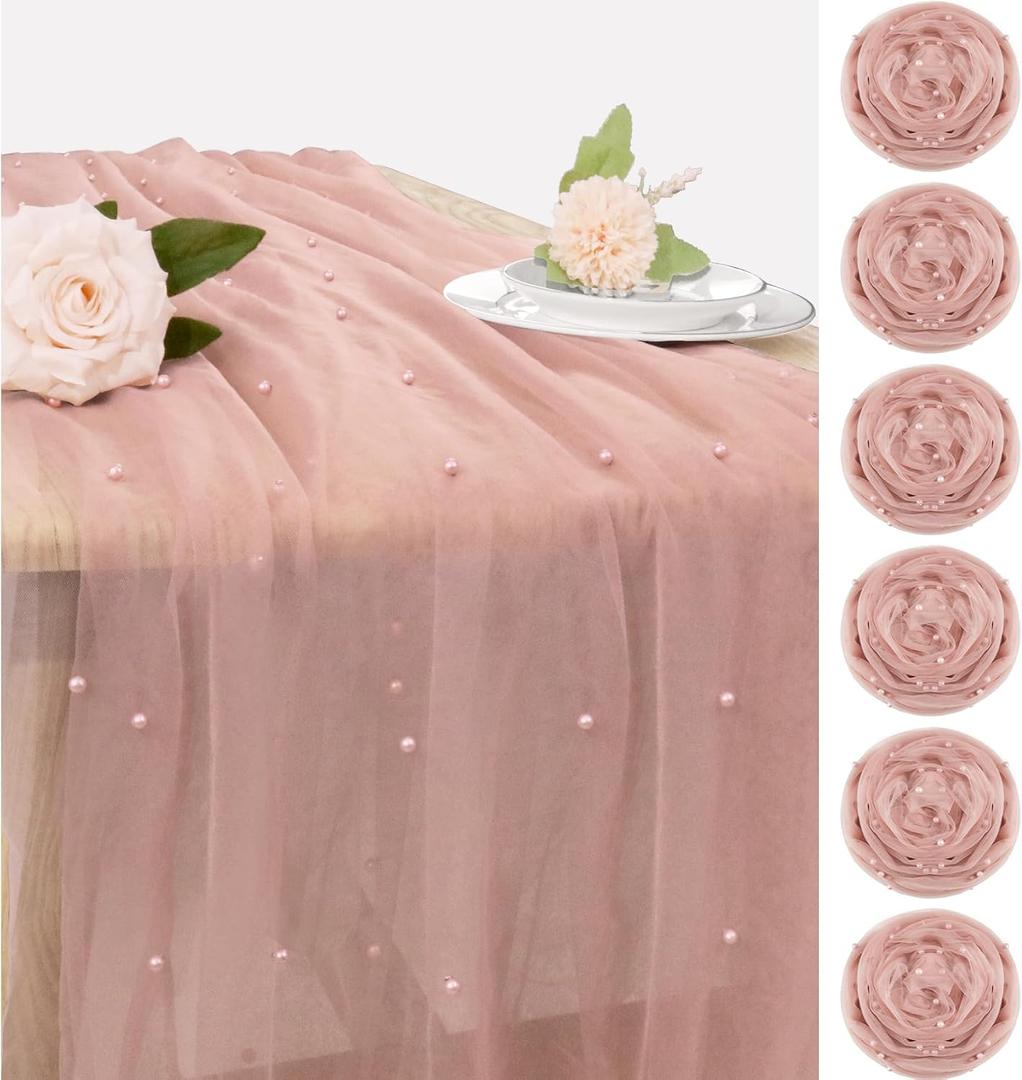 Set of 6 Pearl Valentine's Day Table Runner 29 x 120 Inch Dusty Pink Boho Rustic Tulle Fabric Lace Table Runners for Bridal Shower Birthday Party Wedding Arch Dessert Table Decor(Dusty Pink)