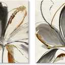 7CANVAS Grey and White Flowers Canvas Wall Art Watercolor Floral with Gold Print Picture Modern Abstract Flower Painting for Living Room Bedroom Ready to Hang 24x24Inchx2pcs