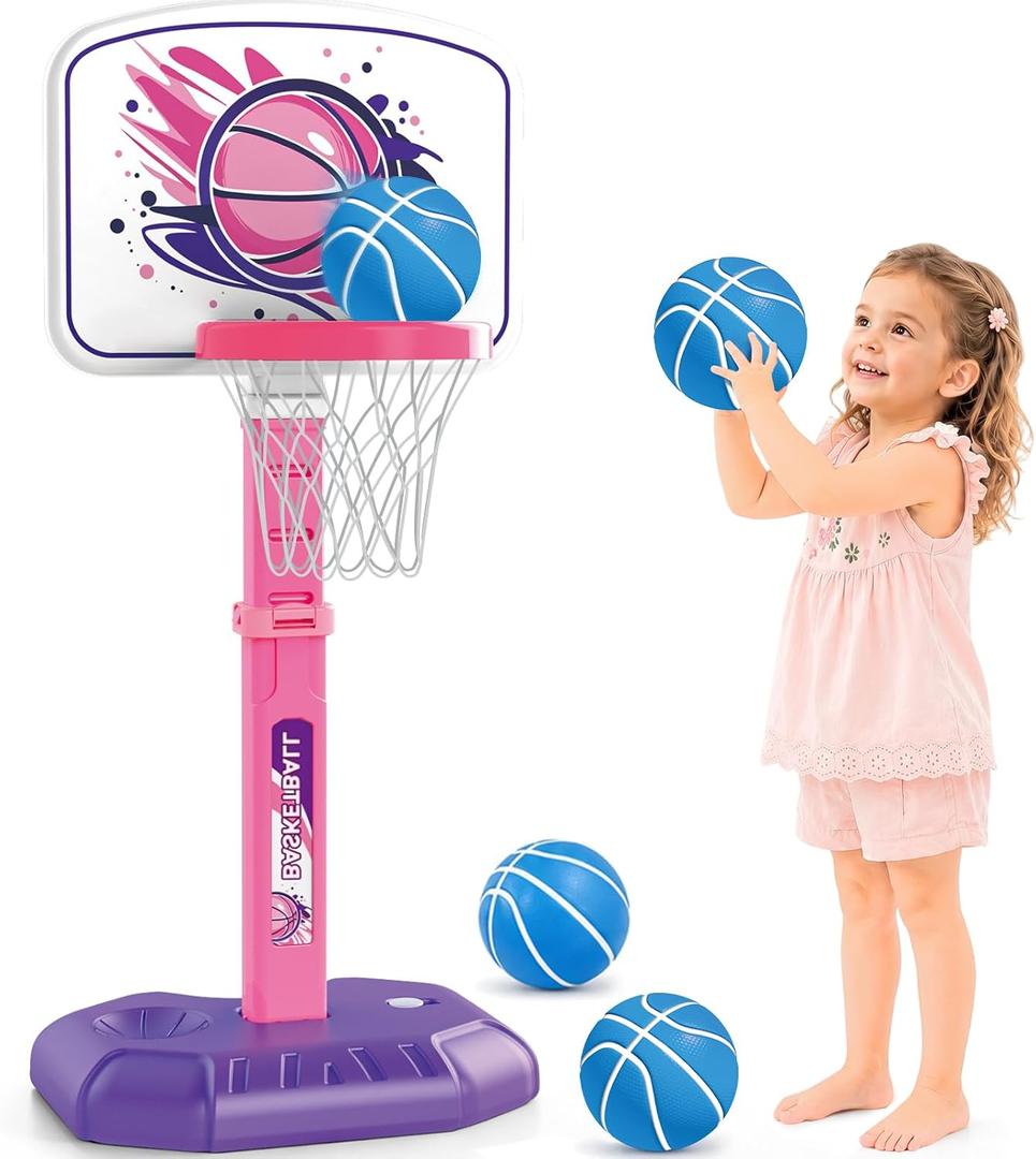 YESHIN Toddler Basketball Hoop Adjustable Height 30-55 Inch with 4 Balls, Large Stable Water-Fill Base, Indoor Outdoor Poolside Kids Basketball Goal for Boys Girls Ages 1-8 Birthday Gift -Pink