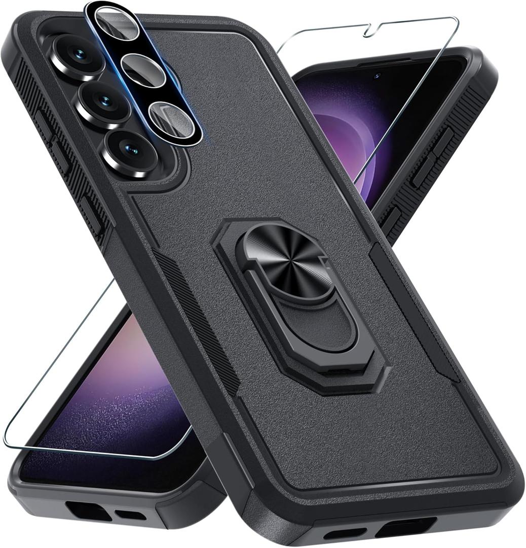 Janmitta for Samsung Galaxy S25 FE Case with Screen Protector+Camera Lens Protector,Heavy Duty Shockproof Full Body Protective Cover Built in Rotatable Metal Ring Holder Kickstand,2025 Black Matte