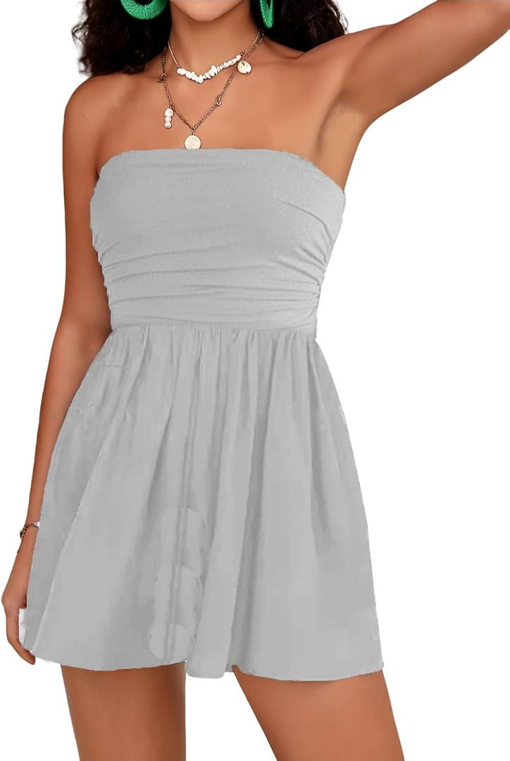 STOLKISS Women Summer Casual Strapless Rompers Tube Top Shorts Jumpsuit Sleeveless Off Shoulder Sexy Beach Romper with Pocket (Gray)