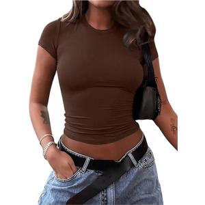 WDIRARA Women's Basic Crew Neck Short Sleeve T Shirt Fitted Tee Going Out Crop Top, Size Medium
