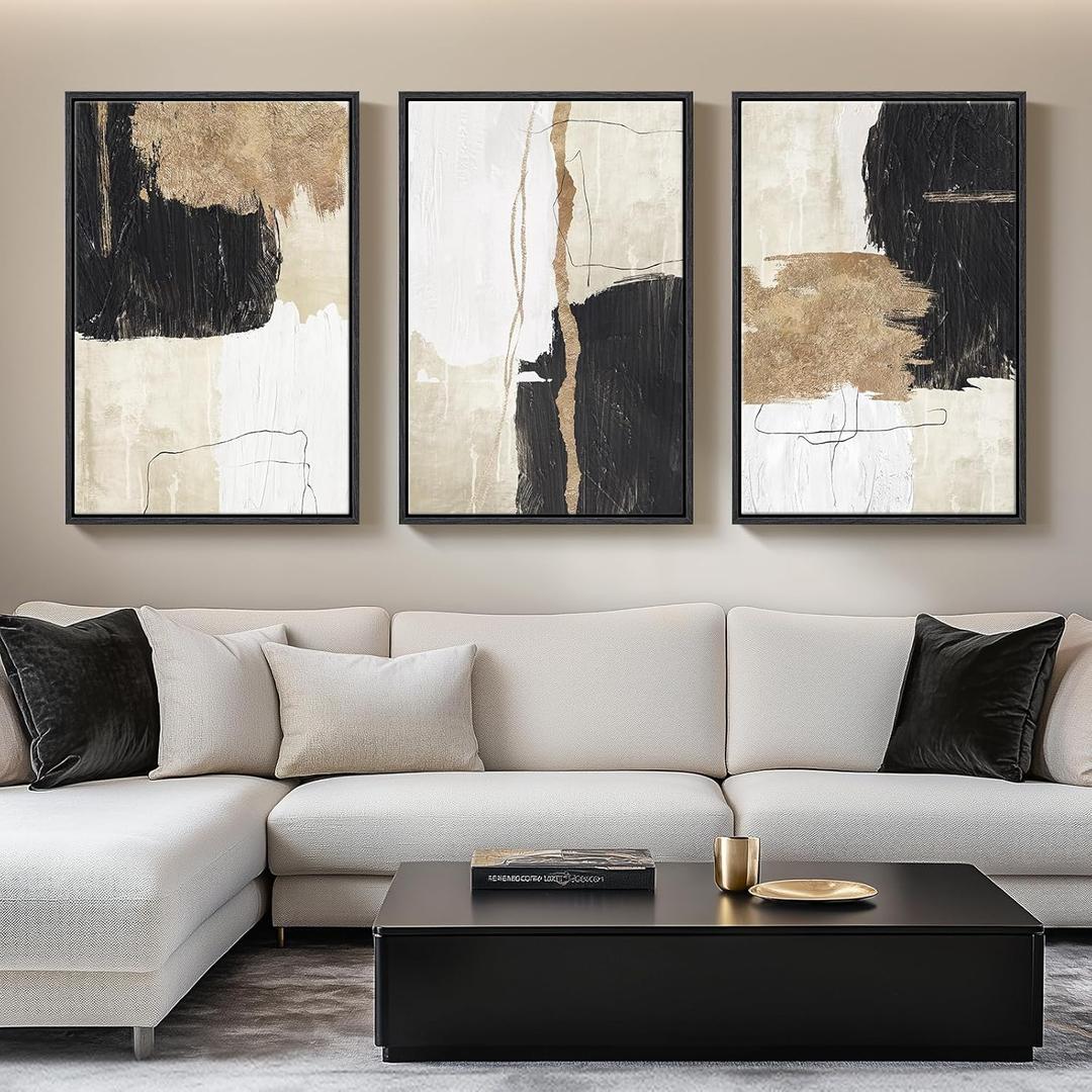 Framed Black and White Abstract Wall Art for Living Room, Large Modern Gold Canvas Modern Picture Artwork, 3 Piece Minimalist Painting Prints for Dining Room Hallway Home Office Wall Decor, 24x36 Inch