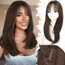 Beginner-Friendly Wig with Bangs for Women Medium Brown Straight Face-Framing Layers Hairstyle 4x4 Realistic Scalp Glueless Synthetic Wigs Medium Length for Everyday Use