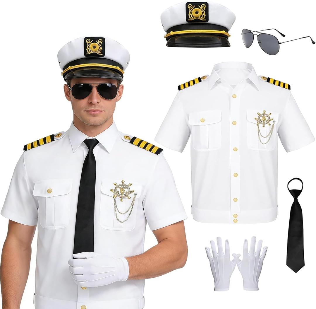 Men's Sailor Captain Short-Sleeved Yacht Party Costume, Adult Yacht Accessories Set with Captain Hat Suitable (Large)