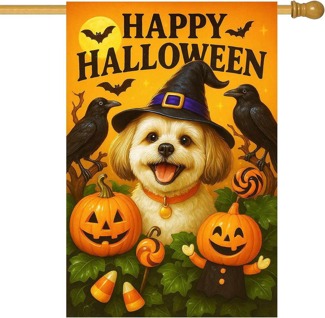 IVN Halloween Shih Tzu Garden Flag 28 x 40 Inch Double Sided House Flag with Witch Hat Pumpkin and Raven Design for Spooky Outdoor Porch Decor