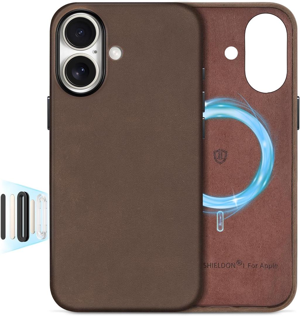 SHIELDON Top Grain Crazy Horse Leather Case for iPhone 16 6.1", Compatible with MagSafe, [Camera Button Updated], Magnetic Wireless Non-Slip Shock-Absorbent Charging Cover - Crazy Horse Dark Brown