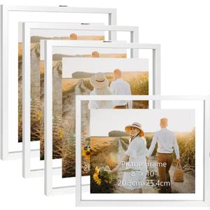 WIFTREY 8x10 Floating Picture Frames Set of 4, White Rustic Picture Frame 8 x 10 for Wall Hanging, Double Glass Photo Frame Float Display any Size up to 10x12