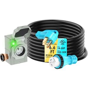 50 Amp 6.6 Feet Generator Cord and Power Inlet Box Combo Kit NEMA 14-50P Male to SS2-50R STW 6/3+8/1 AWG 125/250V Twist Locking with Inlet Box for Generator to House, UL Listed