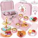 Tea Party Set for Little Girls, 49PCS Princess Tea Time Toys Including Tea Set Dessert Carrying Case, Kids Kitchen Pretend Playset, Tea Set for Girls Birthday Toddler Age 3-8, Pink