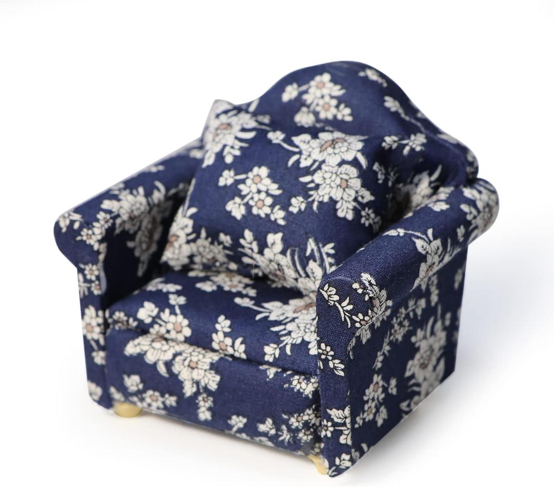 Dollhouse Couch with Pillow 1 12 Scale Miniature Sofa Arm Chair Living Room Furniture Wooden Fabric Frame Single Reading Chair Artificial House Room Scene Decoration (Blue)