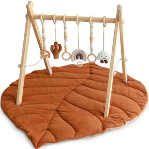 Razee Wooden Baby Play Gym Activity Mat, Leaf Shaped Play Mat Baby Gym with 6 Hanging Sensory Toys Foldable Baby Gym Newborn Infant Baby Use (Khaki)