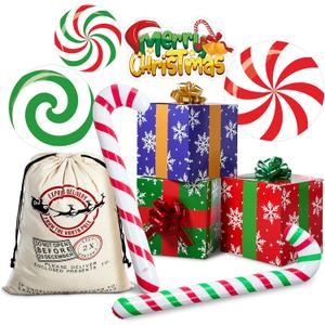 10 Pcs Christmas Gift Boxes Decoration, Christmas Photo Booth Props Gift Box with Ribbons Large Candy Cane Balloon for Xmas Party Decorations Home Xmas Box Decorations