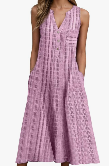 Womens Summer Sleeveless Boho Floral Printed Midi Tank Dresses V Neck Beach Tshirt Sundress with Pockets, Size S
