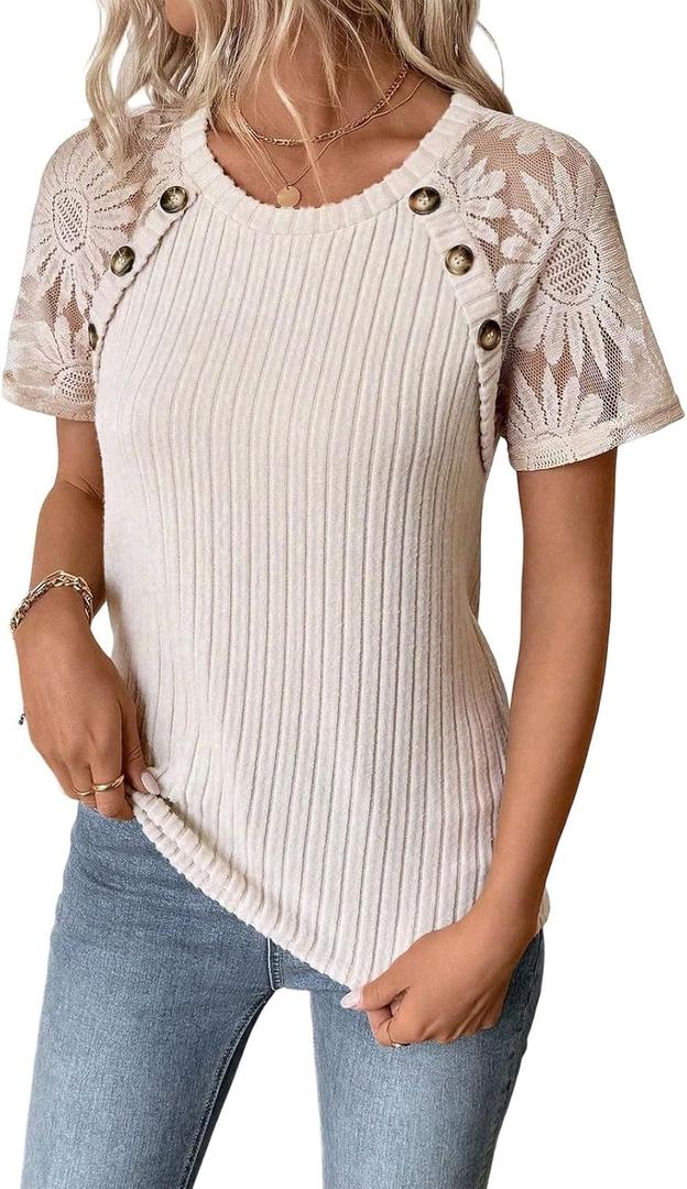 Ribbed Short Sleeve Tops For Women Lace Patchwork Crew Neck Shirts Dressy Casual Work Blouses Summer Fshion Tunics (Teal)