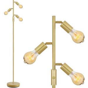 BoostArea Tree Floor Lamp, Brass Gold Industrial Floor Lamp, Modern Standing Lamp with Adjustable 3 Light, E26 Socket, Rotary Switch, Boho Stand Up Lamp Pole Lamps for Living Room, Bedroom (No Bulbs)