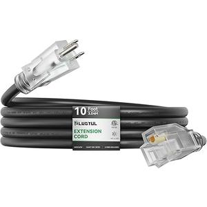 PLUGTUL Outdoor Extension Cord 10FT, 12 Gauge Extension Cord with Lighted End, Heavy Duty,15A 1875W SJTW, ETL Listed, Great for Garden and Home, Black
