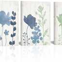 LoveHouse Sage Green and Blue Wall Art Rustic Canvas Paintings Vintage Flower Leaf Art Prints Pictures for Bathrooms Farmhouse Leaves Floral Artwork