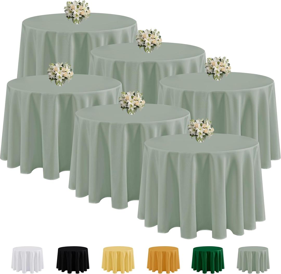Fitable 6 Pack Sage Green Round Tablecloths - 108 Inches Round - Wrinkle and Stain Resistant Fabric Table Clothes, Washable Polyester Table Covers for Wedding, Party, Banquet, Formal Events