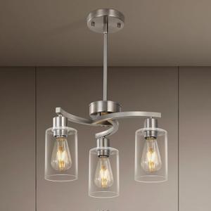 3 Light Brushed Nickel Dining Room Light Fixture,Modern Kitchen Chandeliers Over TableAdjustable Height Industrial Hanging Pendant Lights for Kitchen Island with Glass Shade