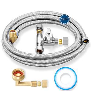 Dishwasher Installation Kit - 15 FT Stainless Steel Braided Dishwasher Hose kit,Food Grade PEX Inner Tube Dishwasher Water Line with 3/8"x3/8"x3/8" Tee Stop Valve,3/8"x3/8"MIP Elbow,3/8"x3/4"FHT Elbow