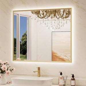 TokeShimi 40"x 32" Bathroom Mirror Backlit with Gold Frame, Dimmable Backlight LED Lighted Vanity Mirror with Shatter-Proof, Memory, 3 Colors, Anti-Fog Mirror with HD Tempered Glass