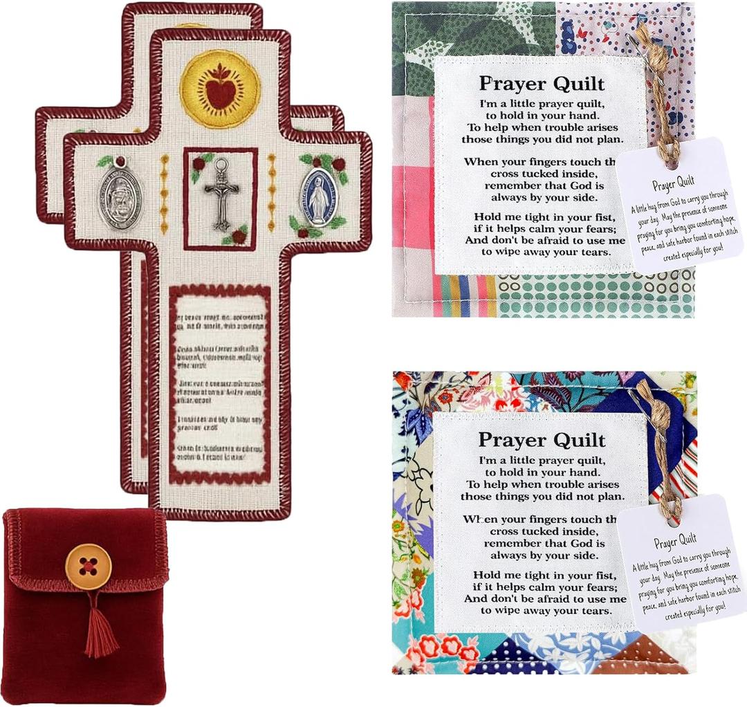 Sitroasho 4 Pack Prayer Quilt with Cross Inside Mini Scripture Prayer Quilt for Women Pastor Appreciation Christian Gifts Christmas Holiday Favors