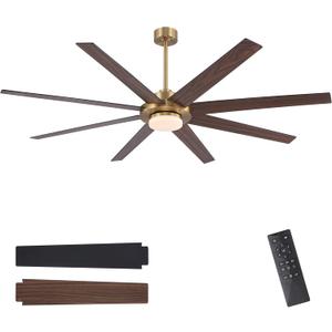 WINGBO 72" Ceiling Fan with Light and Remote Control, 6 Speed Reversible DC Motor, Dimmable LED Light, for Home and Commercial Use, Living Room/Shop/Warehouse Gold Black/Walnut