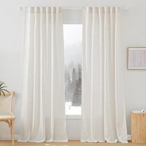 RYB HOME Flax Linen Blend Curtains - Light Filtering Rich Linen Semi Sheer Airy Breathable Window Treatments Soften Sunlight for Farmhouse Living Room Dining Door, W 52 x L 90 inch, 2 Panels
