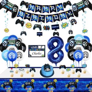 Video Game Party Decorations - 8th Birthday Decorations for Boys, HAPPY BIRTHDAY Banner, Video Game Balloons, Number 8 Blue Balloons, Gaming Hanging Swirls, Game On Birthday Party Supplies