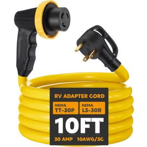 Kanayu 10ft 30 Amp RV Adapter RV Extension Cord with Locking Connector Plug NEMA TT-30P to L5-30R, Generator Extension Power Cord Adapter Plug with 90 Grip Handle, 10AWG/3C STW, ETL Listed