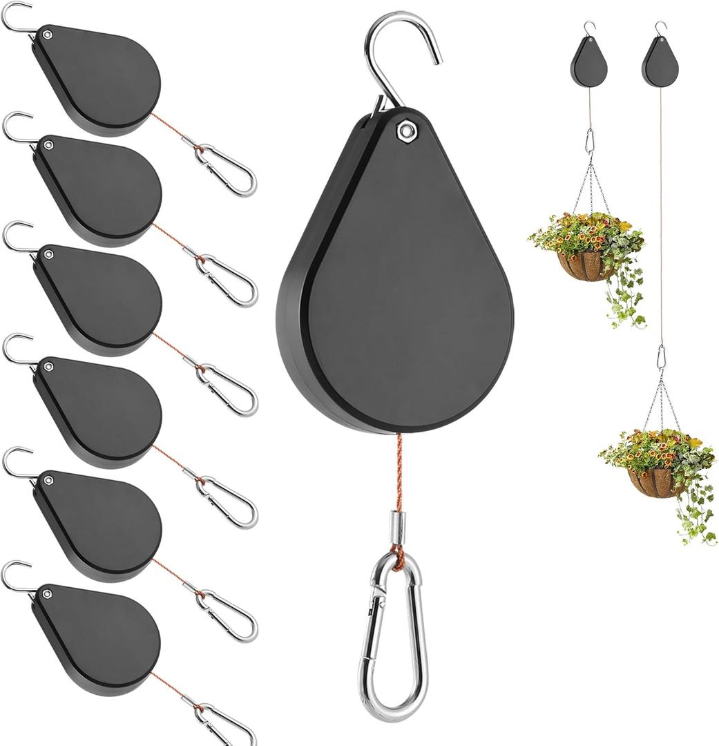 Upgraded Retractable Plant Hanger,Plant Pulleys for Hanging Plants,Easy to Raise and Lower,Auto Lock,Heavy Duty,Adjustable Hook for Garden Baskets Pots,Birds Feeder,(6Pcs,Black)
