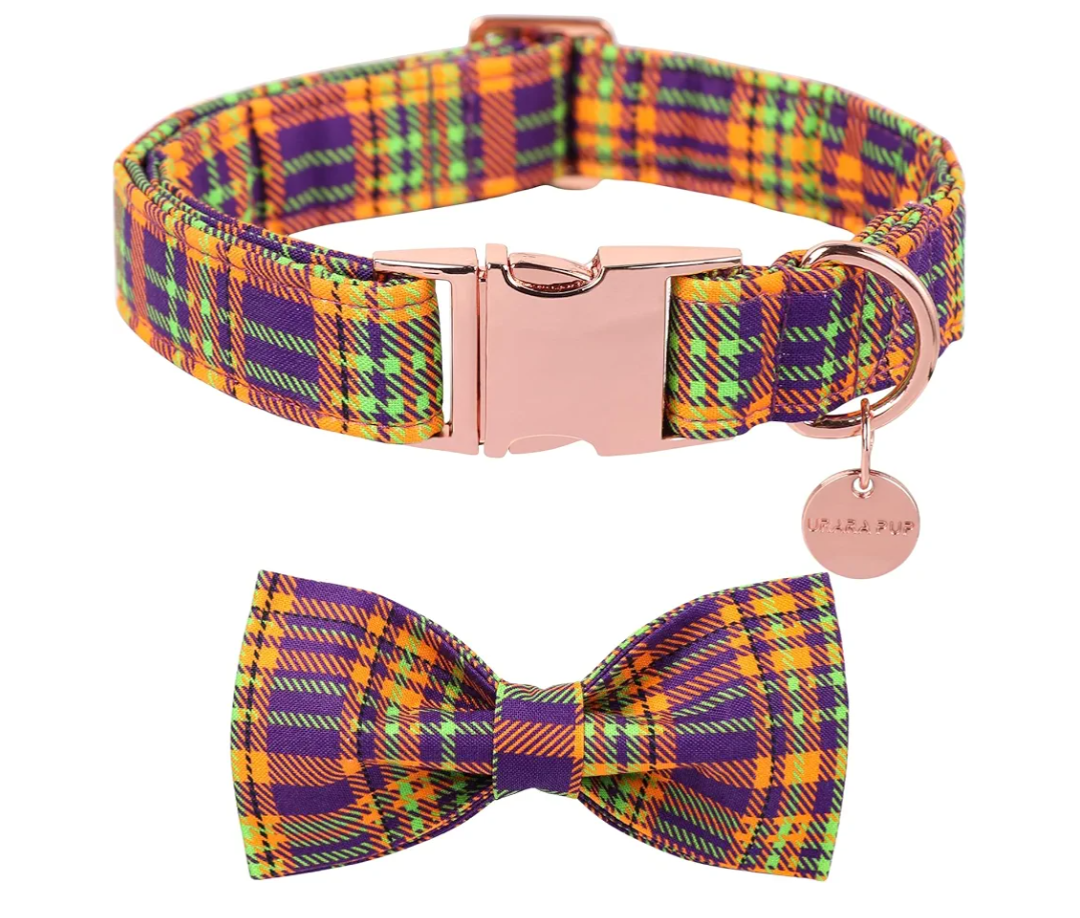 2 Pack Halloween Dog Collar with Bow Tie, Halloween Bowtie Collar for Small Girl Boy Dog, Fall & Winter Dog Collar with Durable Metal Buckle, Cute Plaid Pet Collar, XL