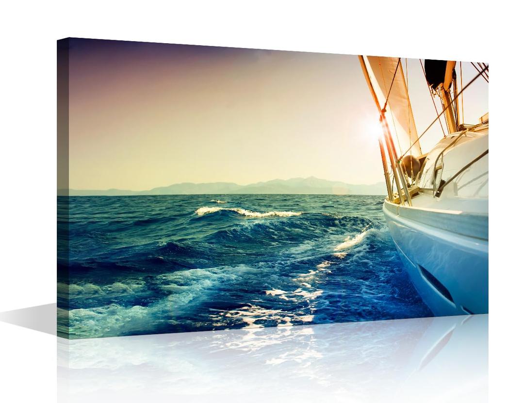 TUMOVO Sailing Yacht in the Sea Wall Art for Bedroom Ocean Landscape Canvas Art Wall Decor Sailboat Modern Wall Art Pictures for Living Room Artwork Paintings Giclee Framed Ready to Hang, 36x24in