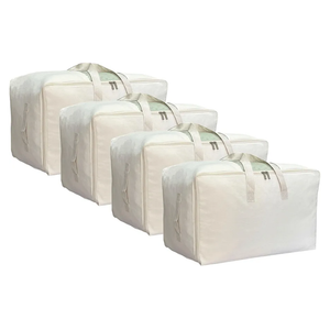 Soft Large Canvas Storage Bags with Zipper and Clear Window, Cotton Linen Storage Organizer for Pillows, Quilt, Blankets and Comforter, 80L, 4 Pack, Beige