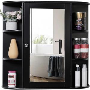 Iwell Bathroom Medicine Cabinet with Mirror, Wall Cabinet with 2 Adjustable Shelves & 6 Open Shelves, Bathroom Cabinet Wall Mounted, Over The Toilet Space Saver Storage Cabinet, Black