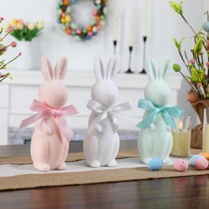 FestalMart Easter Decorations-3 Pack Flocked Bow Tied Bunny Set- Pastel Bunny Decor for Spring Home Shelf Mantel Table Windowsill Party Decor