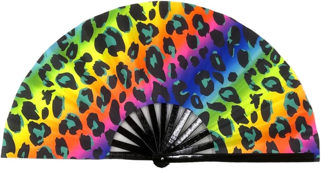 Folding Fan UV Glow Rave Bamboo Summer Hand Fan Leopard Print Decoration Dancing Party Wedding Night Club Concert Festival Large (Multicoloured-9, M)