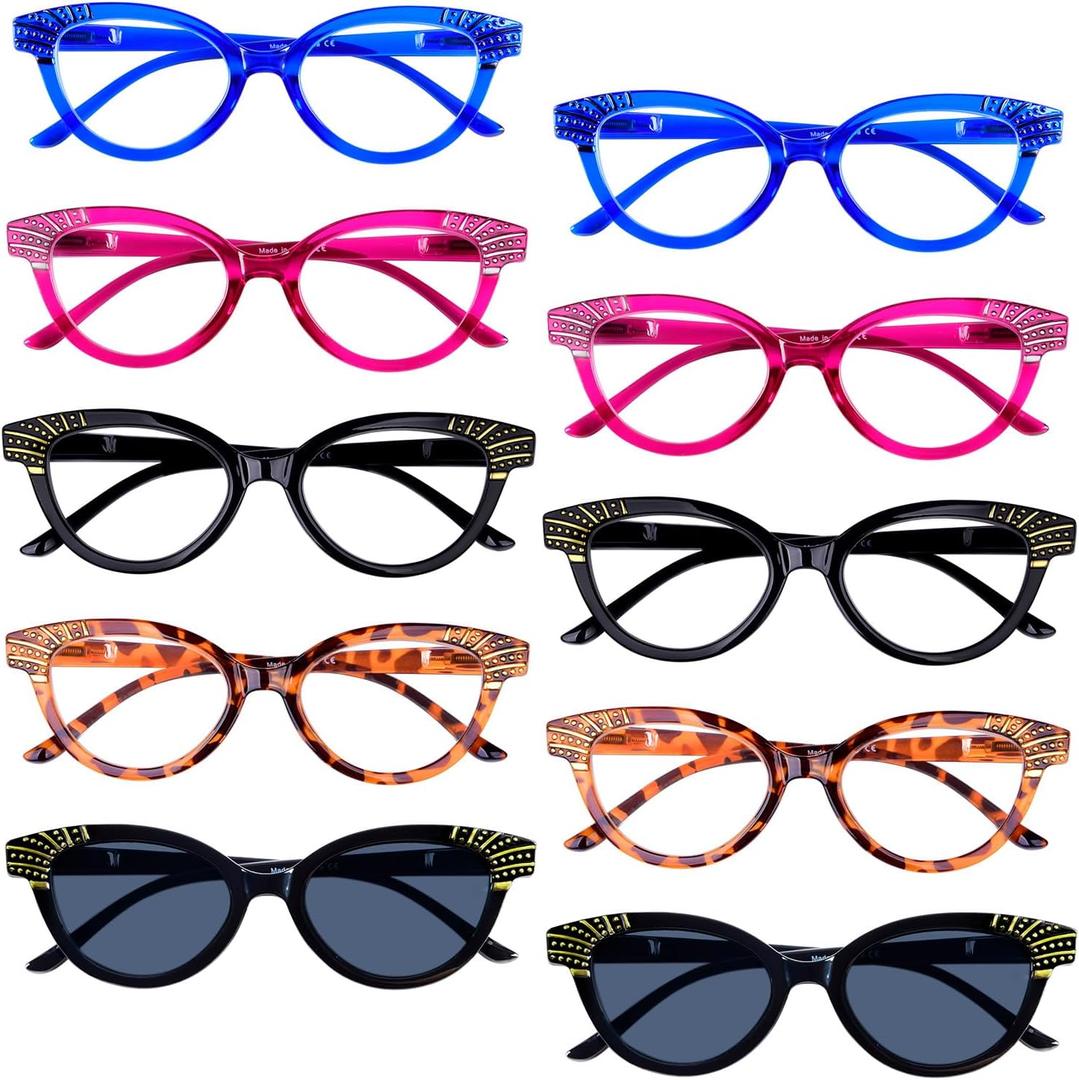 GUD 10 Pack Oversize Reading Glasses for Women With Spring Hinges(Include 2 Pairs Reading Sunglasses)