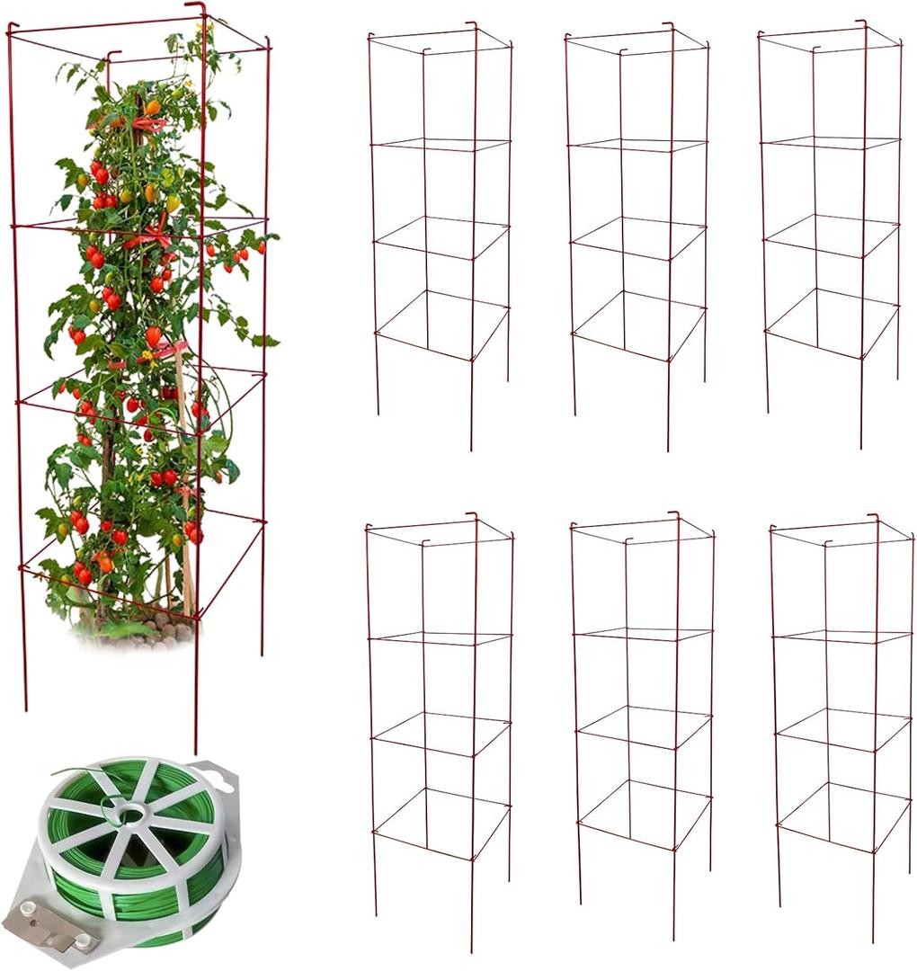 Tomato Cages 6 Packs 46 Inch (H) Plant Stand with 164 Feet Twist Ties, Heavy Duty Garden Plants Support for Tomatoes, Cucumber, and Other Climbing Plants (Red)