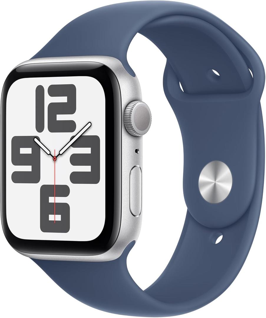 Apple Watch SE (2nd Gen) [GPS 44mm] Smartwatch with Silver Aluminum Case with Denim Sport Band M/L. Fitness and Sleep Trackers, Crash Detection, Heart Rate Monitor, Retina Display