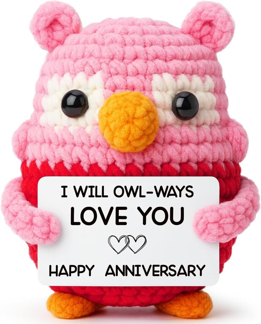 Pink Owl Crochet for Wife, Handmade Romantic Keepsake from Husband, Cute Mini Collectible to Celebrate Marriage Love, Unique Valentines Day or Birthday Present for Her