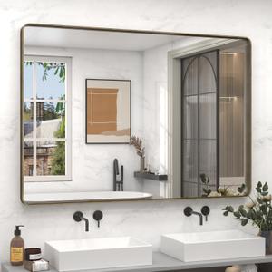 50x40 Inch Bronze Metal Framed Bathrrom Mirror, Brushed Metal Bathroom Vanity Mirrors for Wall, Rounded Corner Bronze Rectangle Mirror for Farmhouse, Bedroom, Anti-Rust (Horizontal/Vertical)